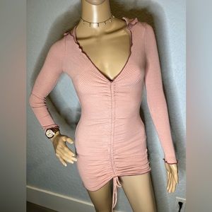 Beige LongSleeve Scrunch Front Dress